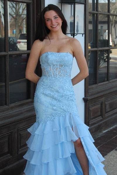 Mermaid Strapless Light Blue Chiffon Tiered Prom Dress with Slit VK030506
