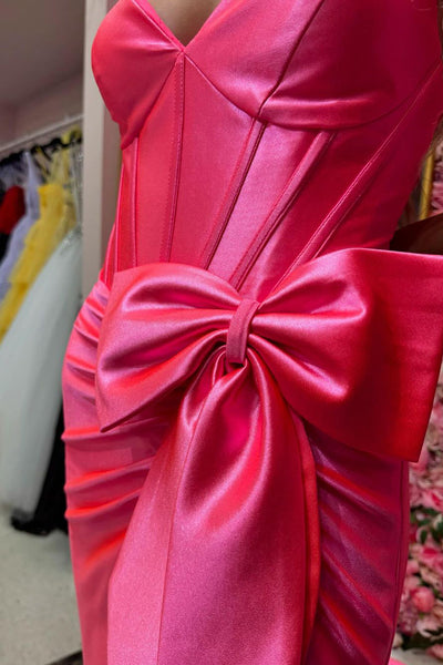 Charming Mermaid Sweetheart Hot Pink Satin Long Prom Dresses with Bow VK24092206