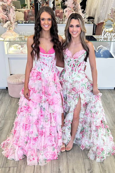 Gorgeous A Line Sweetheart Pink Floral Chiffon Slit Prom Dress VK162504