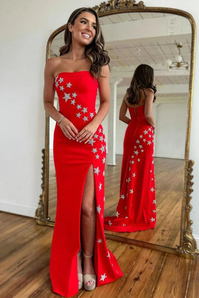 Red Strapless Mermaid Long Prom Dress with Stars VK23092906