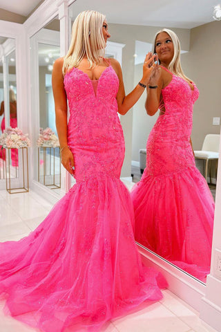 Hot Pink Mermaid V Neck Tulle Lace Long Prom Dresses VK23092510