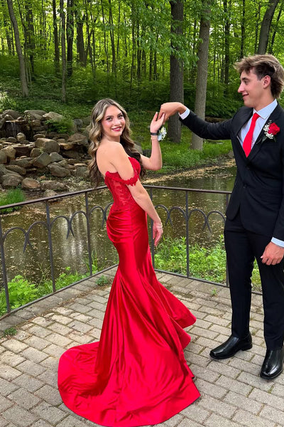 Cute Mermaid Off the Shoulder Satin Long Prom Dresses VK25052404