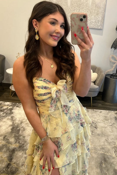 A Line Strapless Yellow Floral Chiffon Tiered Prom Dress with Slit