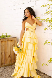 Cute A Line V Neck Yellow Tiered Satin Prom Dress VK25052510