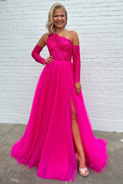 Fuchsia Lace One-Shoulder A-Line Formal Dress with Detachable Sleeves VK23101101