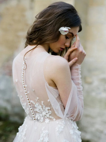 Off-The-Shoulder Tulle Illusion Sleeve Wedding Dress With Appliques VK25100203