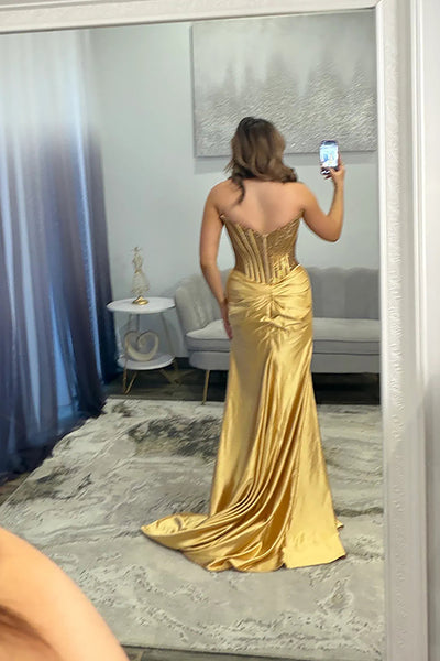 Mermaid Strapless Gold Satin Beaded Long Prom Dresses with Slit VK26010703