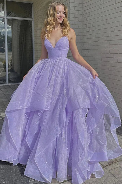 A Line Spaghetti Straps Lilac Long Prom Dress with Ruffles VK23101007