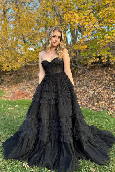 Black Sweetheart Tiered Tulle Long Prom Dresses VK23122902