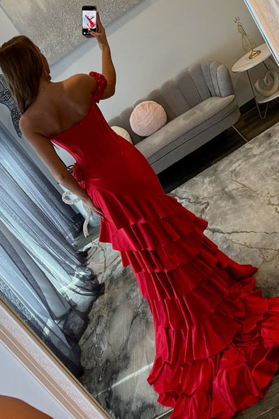 Mermaid Off the Shoulder One Shoulder Red Ruffle Tiered Long Prom Dresses with Slit VK26030208