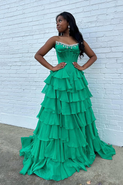 Cute Scoop Neck Green Chiffon Tiered Prom Dress with Beading VK15120307