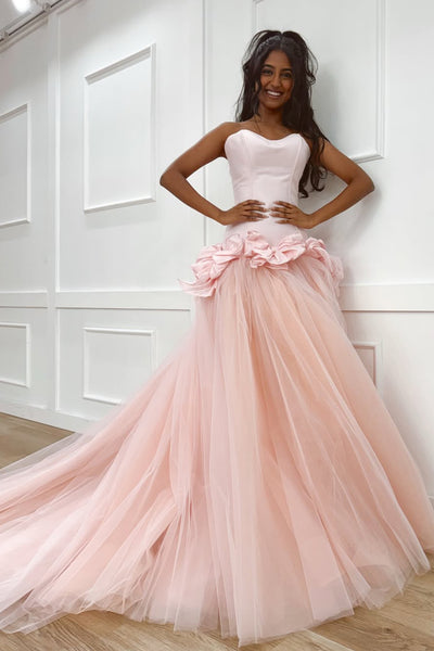 Chamring A-Line Strapless Blush Pink Tulle Long Prom Dresses VKPD009