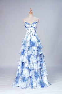 Sweet A Line Strapless Floral Blue Tiered Prom Dress with Slit VK020301