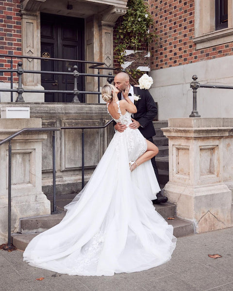 Fairy A Line V Neck Tulle Wedding Dresses with Lace Appliques VK23051703
