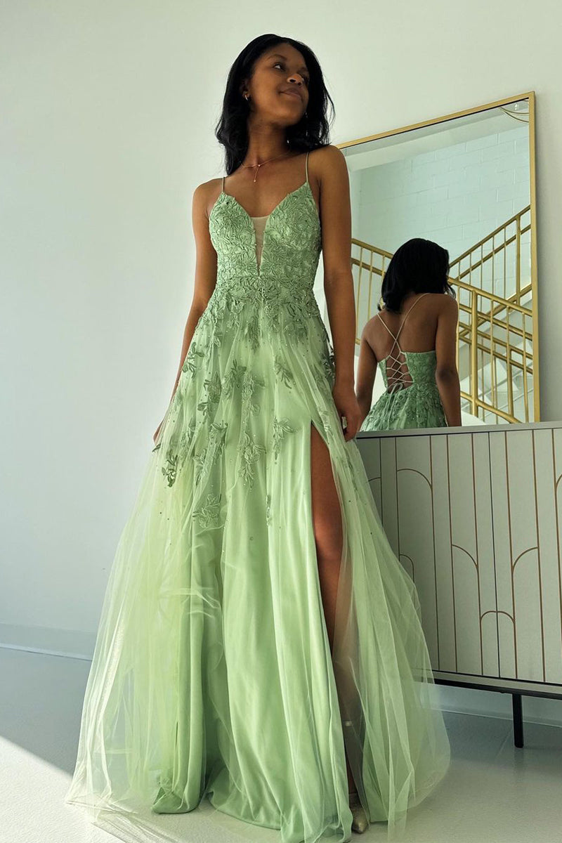 A-Line V Neck Sage Green Tulle Long Prom Dresses with Appliques VK24011005