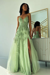 A-Line V Neck Sage Green Tulle Long Prom Dresses with Appliques VK24011005