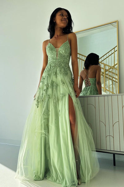 A-Line V Neck Sage Green Tulle Long Prom Dresses with Appliques VK24011005
