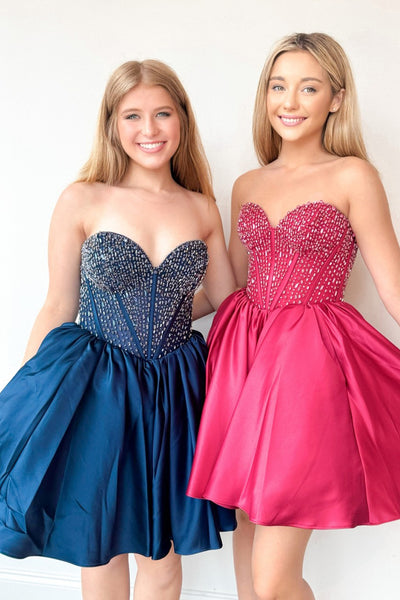A Line Sweetheart Satin Short Homecoming Dress with Beading VK25121104
