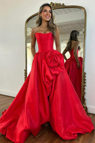 A-Line Strapless Red Satin Prom Dresses with Handmade Flower VK26012707