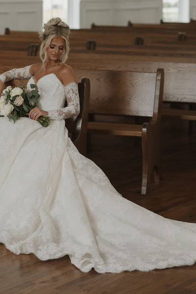 A-Line Strapless White Lace Wedding Dresses with Sleeves VK26102906