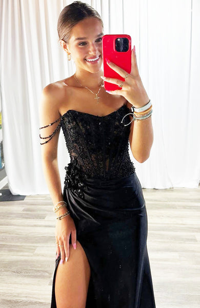 Mermaid Off the Shoulder Corset Sequin Beaded Black Long Prom Dresses with Side Slit VK25101501