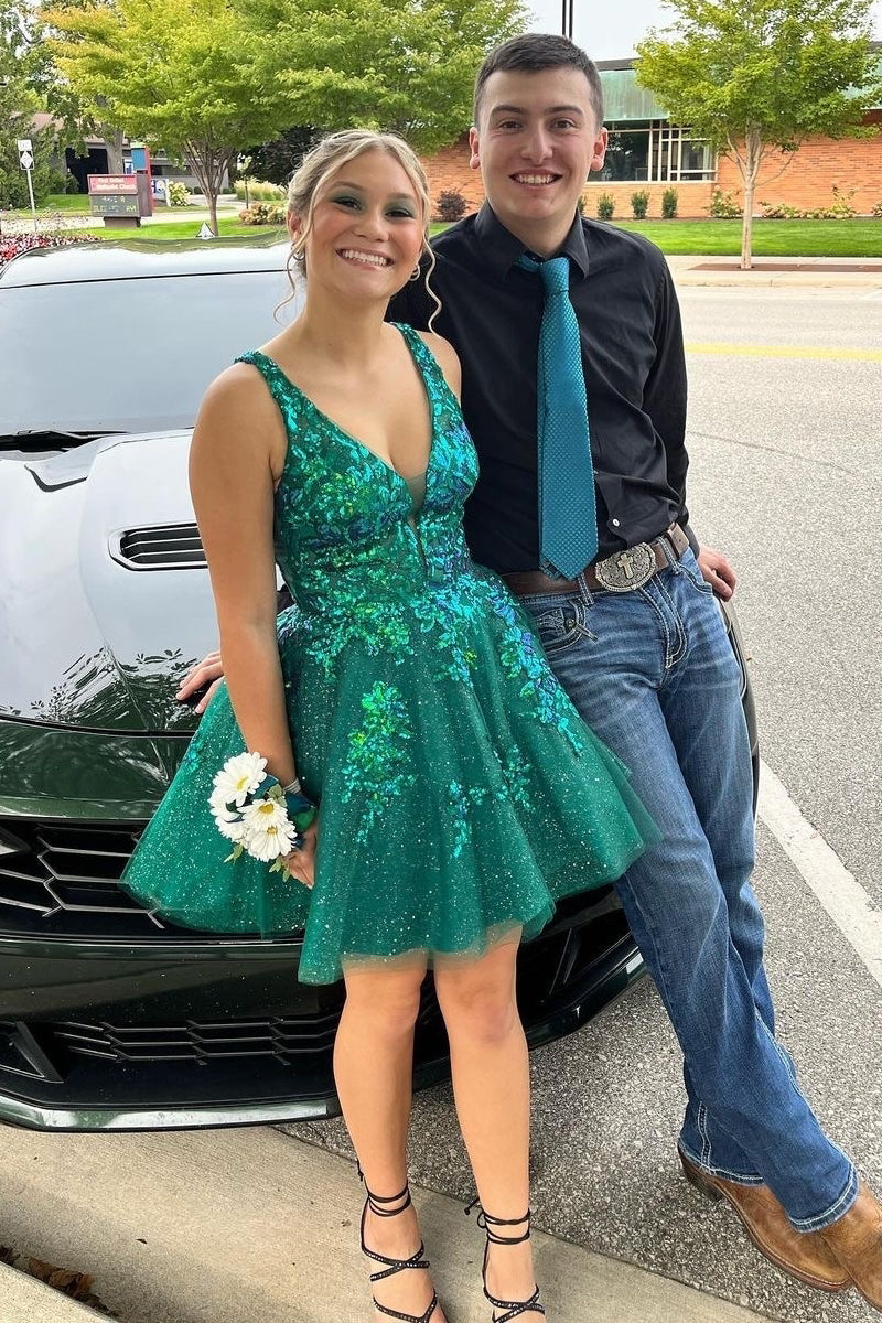 Green Sequin Lace A-Line Short Homecoming Dresses VK23101206
