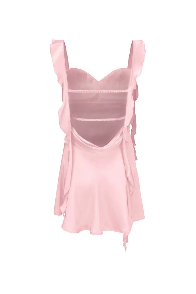 blush pink ruffle strap mini homecoming dress with side cutouts Short Pink Print A-Line Homecoming Dress with Ruffles Pink / 4