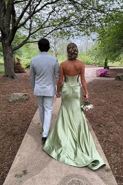 Cute Mermaid Halter Saga Green Satin Long Prom Evening Dresses with Slit VK25052401