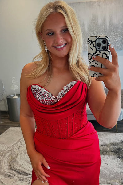 Mermaid Sweetheart Red Satin Long Prom Dresses with Beadings VK021208