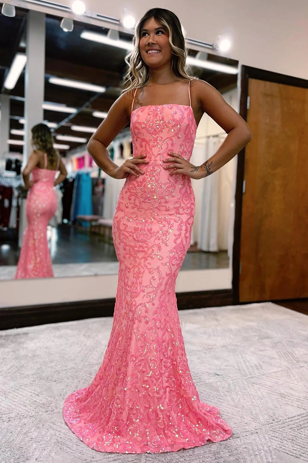 Blush Spaghetti Straps Sequins Mermaid Prom Dress VK23100301