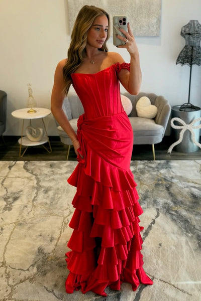 Mermaid Off the Shoulder One Shoulder Red Ruffle Tiered Long Prom Dresses with Slit VK26030208