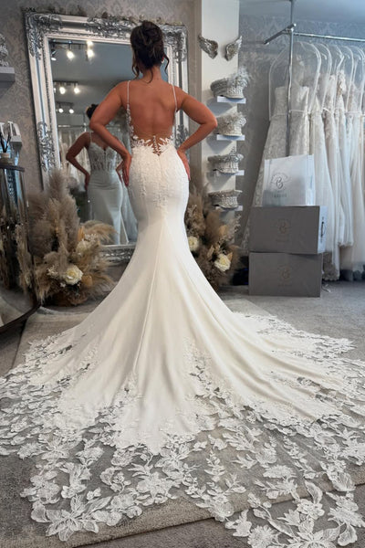 Bohemian Mermaid V Neck Satin Long Wedding Dresses with Appliques VK25051002
