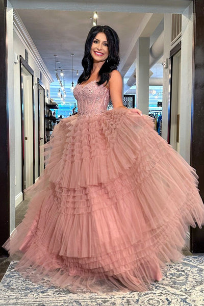 Ball Gown Sweetheart Blush Pink Tiered Tulle Long Prom Dresses VK23101502