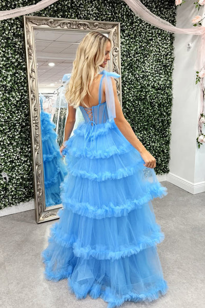 Cute A Line Scoop Neck Blue Tiered Tulle Long Prom Dress with Beading VK16012901