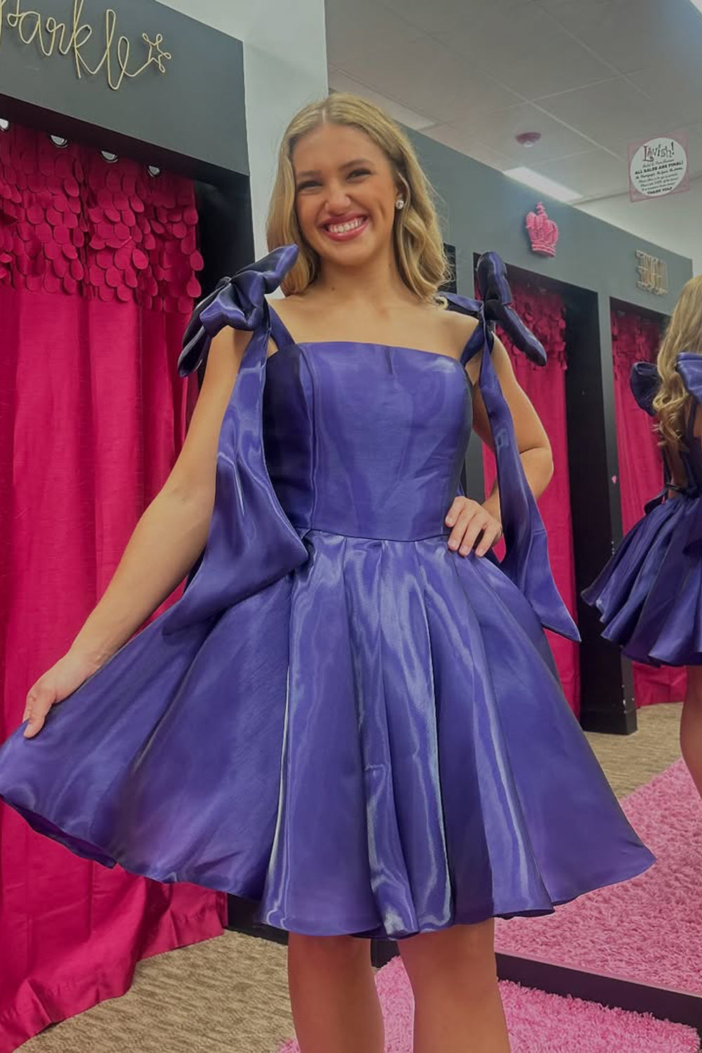 A-Line Bow Straps Purple Organza A-Line Short Homecoming Dresses VK25091606