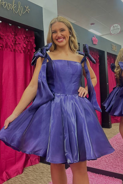 A-Line Bow Straps Purple Organza A-Line Short Homecoming Dresses VK25091606