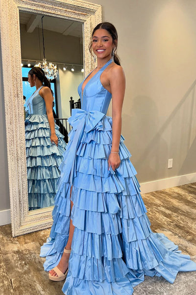 Cute Ball Gown V Neck Blue Tiered Taffeta Slit Prom Dress with Bow