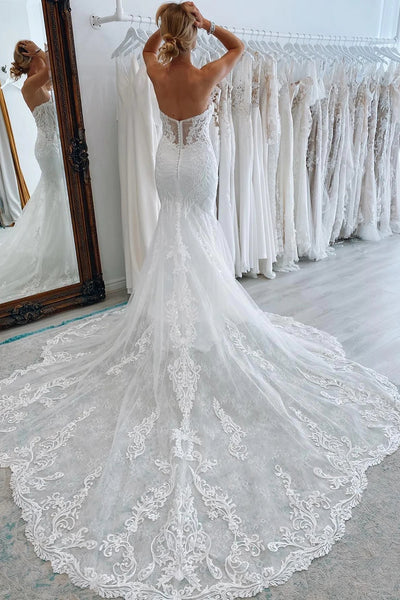 White Mermaid Sweetheart Tulle Wedding Dresses with Lace VK23082701