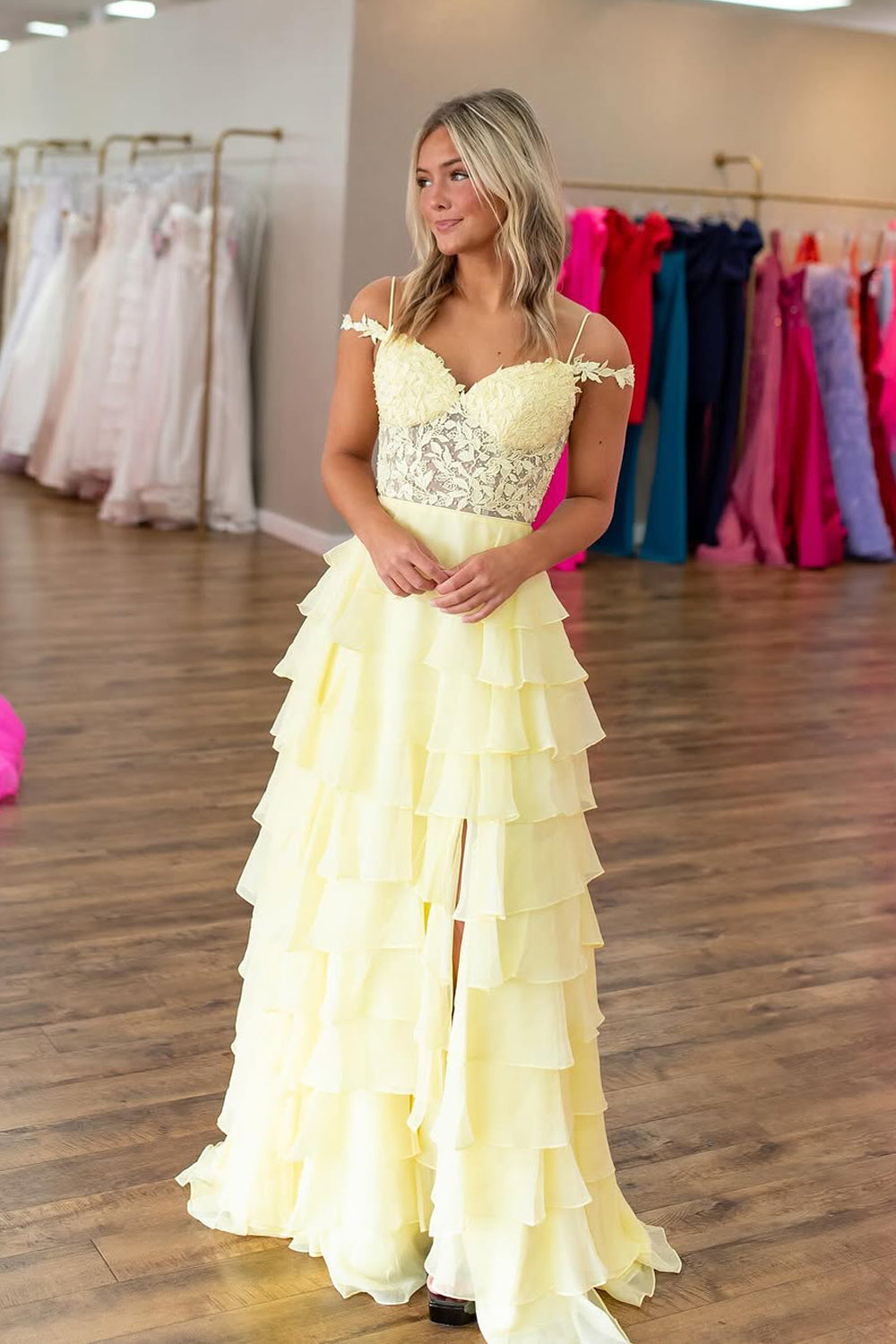 A-Line Cold Shoulder Yellow Ruffle Tiered Long Prom Dresses with Slit VK022309
