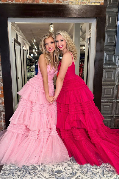 Pink V Neck Tiered Tulle Long Prom Dresses with Slit VK24012102