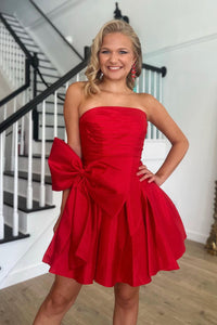 Cute A-Line Strapless Red Satin Short Homecoming Dresses with Bow VK23090703