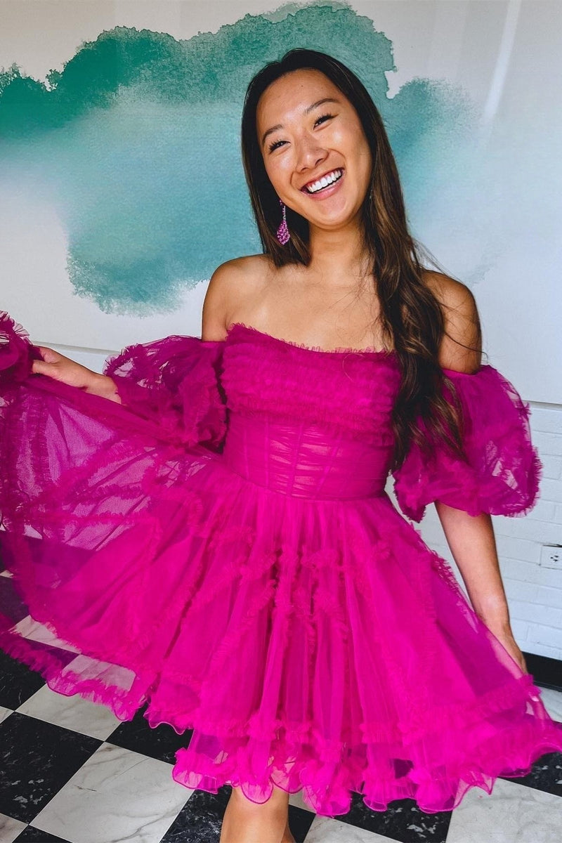 Fuchsia Off-the-Shoulder Puff Sleeves Tulle Ruffle-Layers Homecoming Dress VK23061904