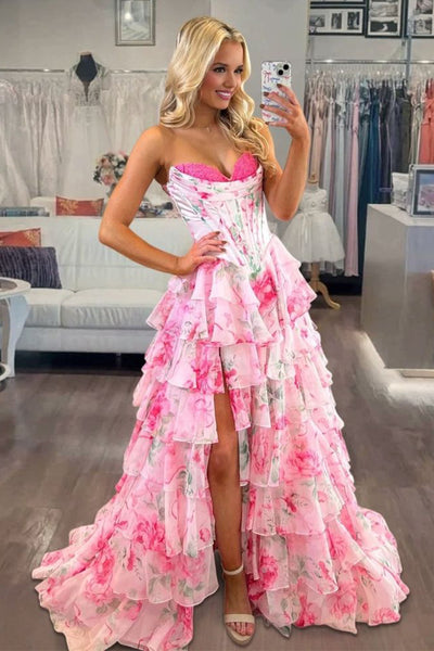 Gorgeous A Line Sweetheart Pink Floral Chiffon Prom Dress with Slit VK25122801