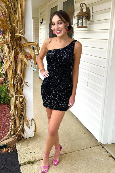 Tight Black Sequins One Shoulder Homecoming Dress VK23091710