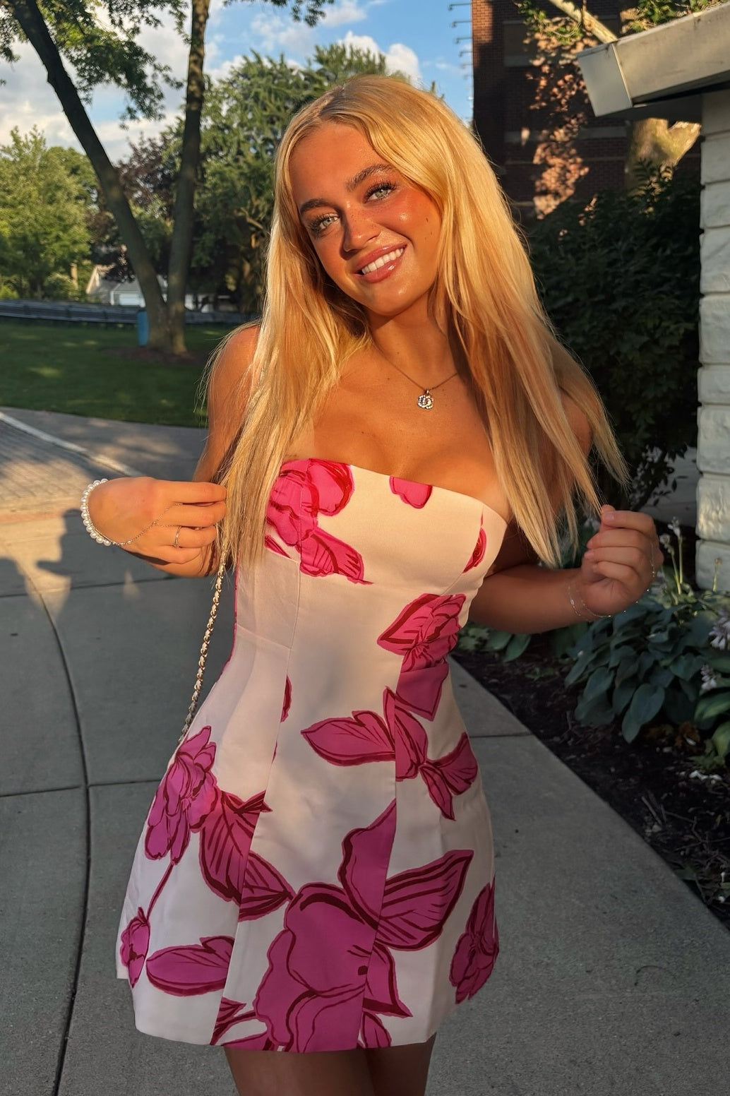 Cute A-Line Strapless Pink Floral Printed Short Homecoming Dress VK25092604