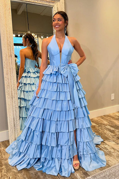 Cute Ball Gown V Neck Blue Tiered Taffeta Slit Prom Dress with Bow