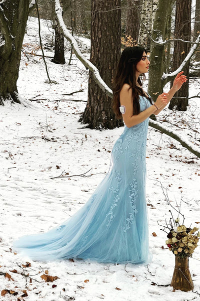 Blue Mermaid Tulle Backless Long Prom Dress with Lace VK23092301