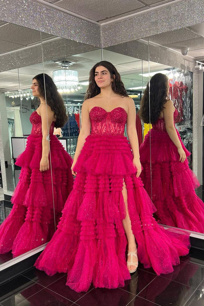 Hot Pink Sweetheart Tiered Tulle Long Prom Dresses with Appliques VK23121102