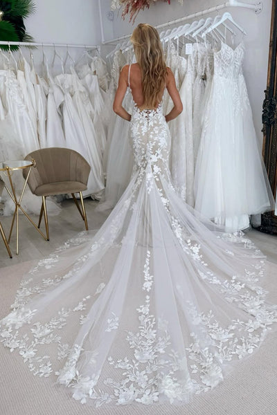 Mermaid V Neck Lace Long Wedding Dress VK25053105