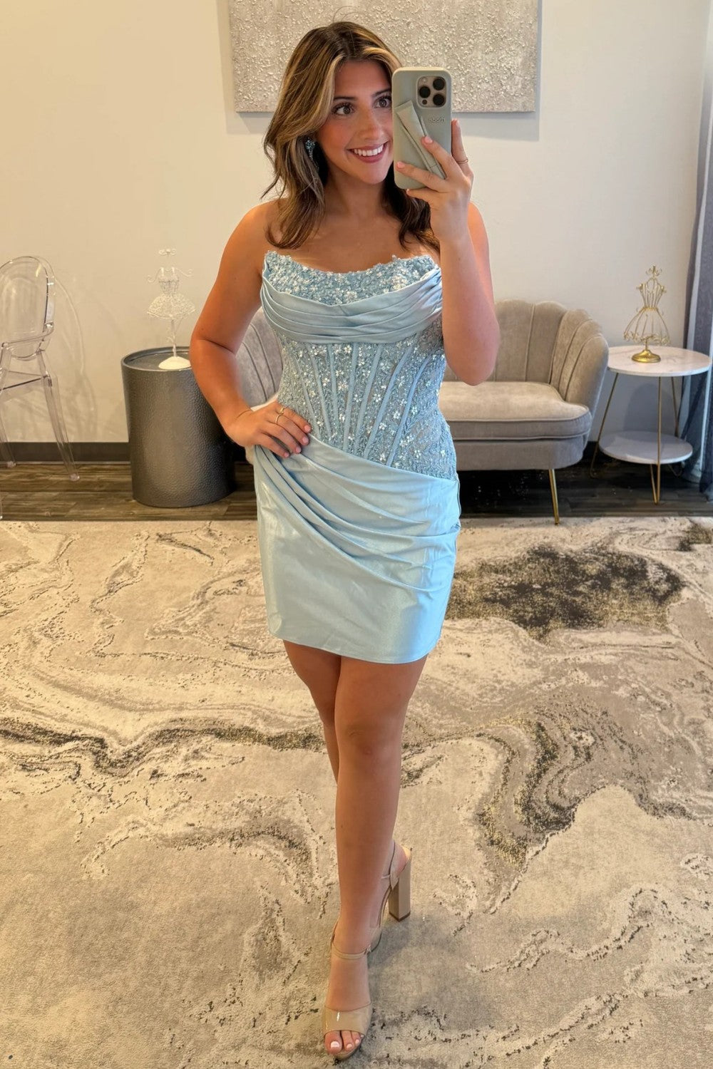 Bodycon Strapless Light Blue Satin Short Homecoming Dress with Appliques Beads VK25092501